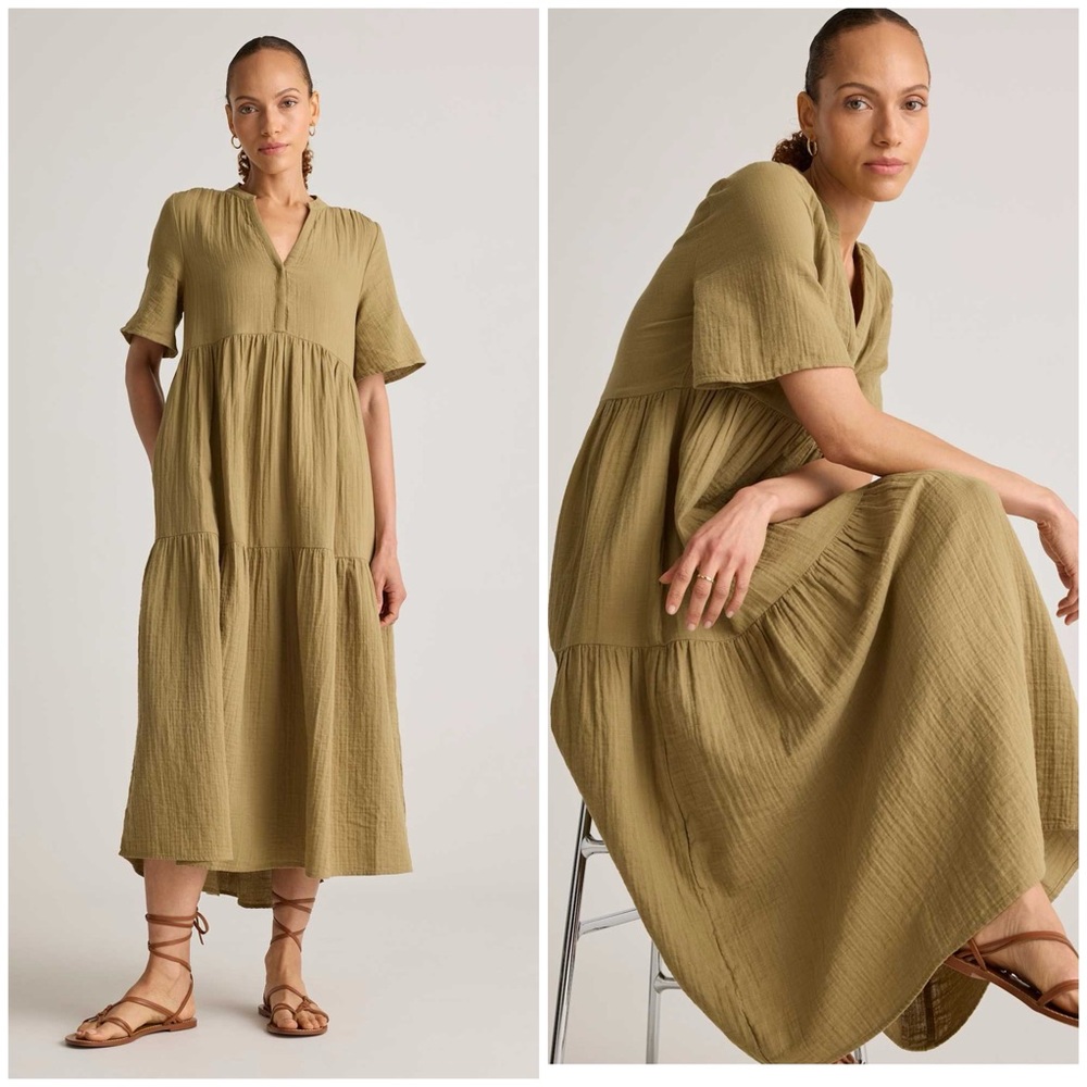 Quince Tan Tiered Midi Dress